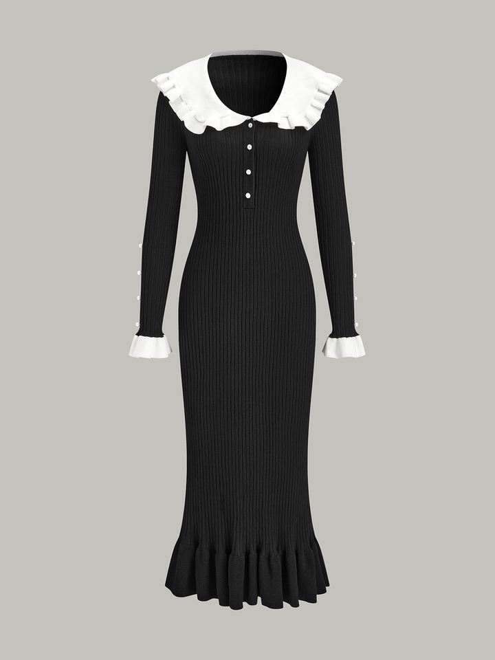 Robe Mi-longue en Maille à Col Volant Contrastant