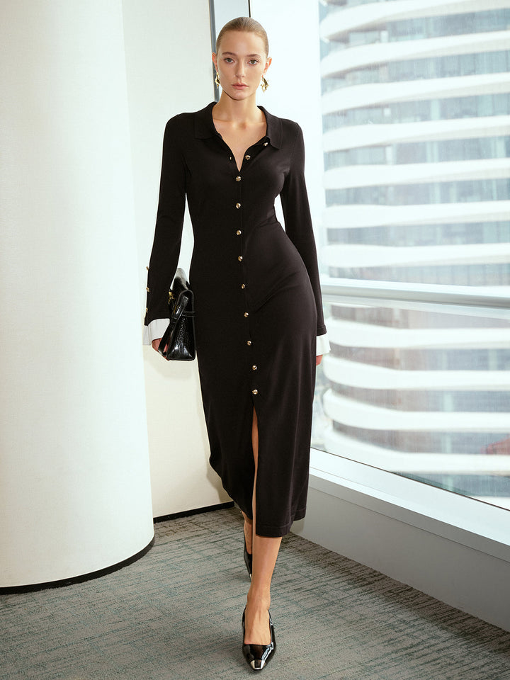 Robe chemise boutonnée en métal avec poignets évasés contrastés