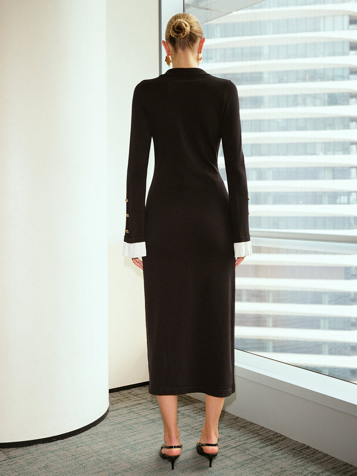 Robe chemise boutonnée en métal avec poignets évasés contrastés