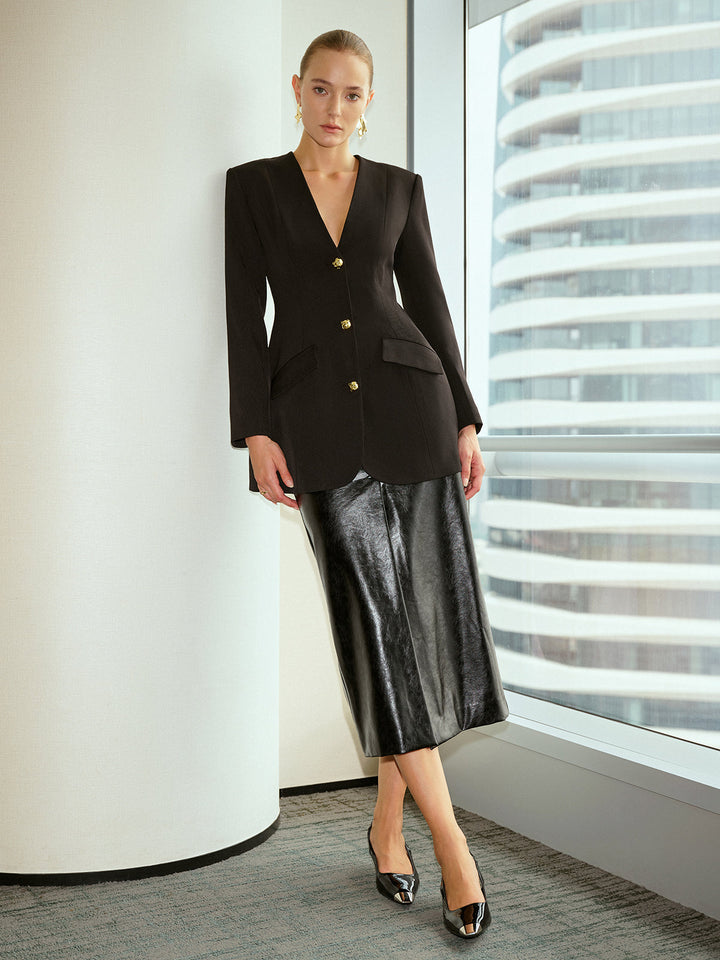 Blazer à col en V avec boutons en métal