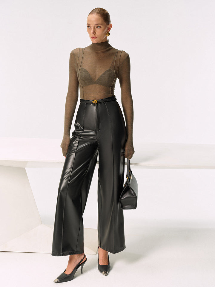 Haut en tricot à col roulé transparent en mélange de laine ajusté