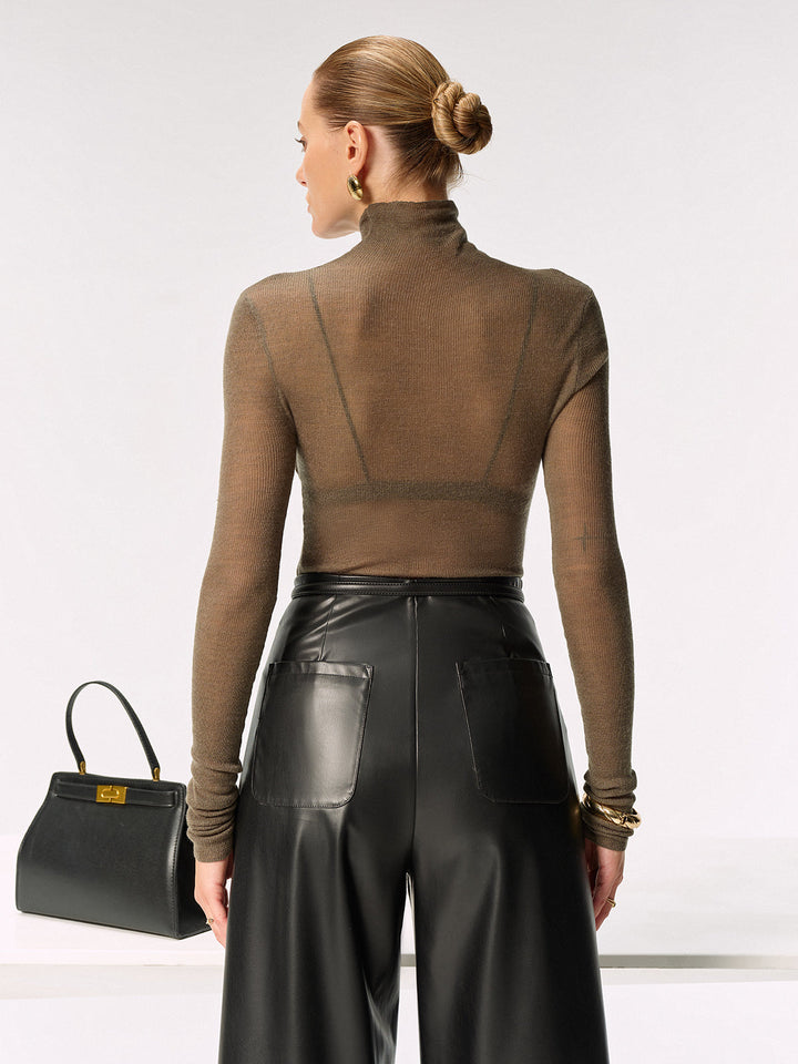 Haut en tricot à col roulé transparent en mélange de laine ajusté