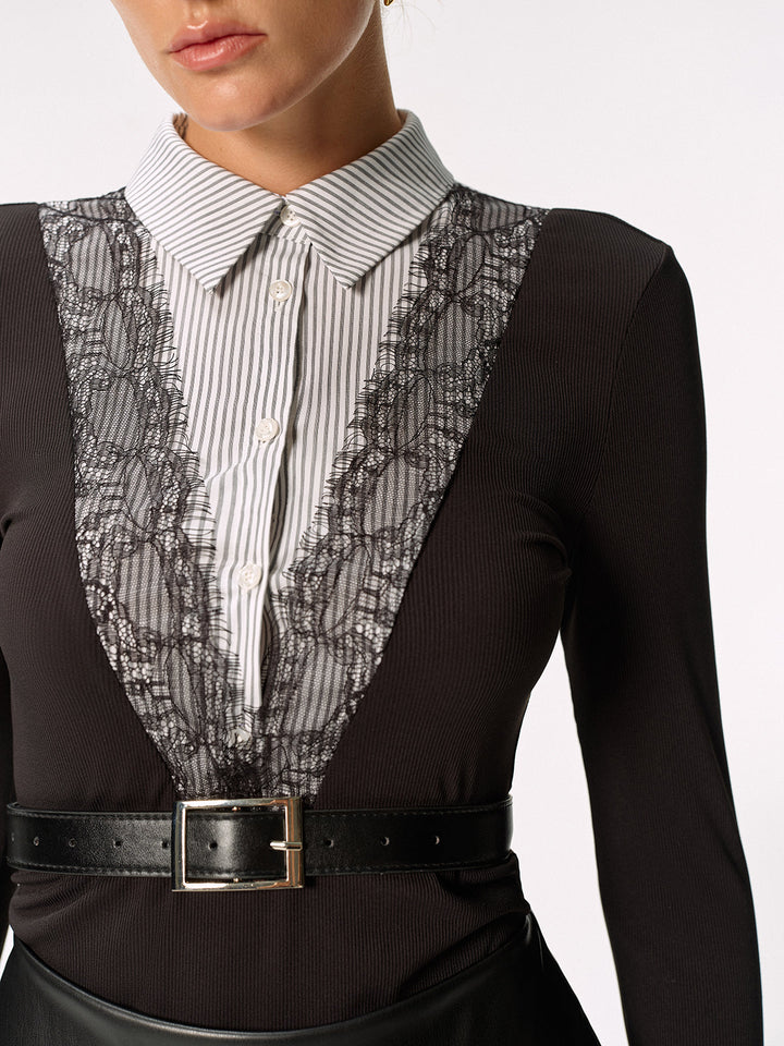 Chemise 2 en 1 à rayures avec bordure en dentelle sans ceinture