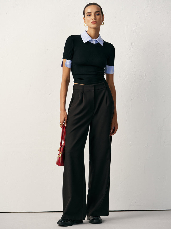 T-shirt ajusté 2 en 1 avec col et poignets contrastés