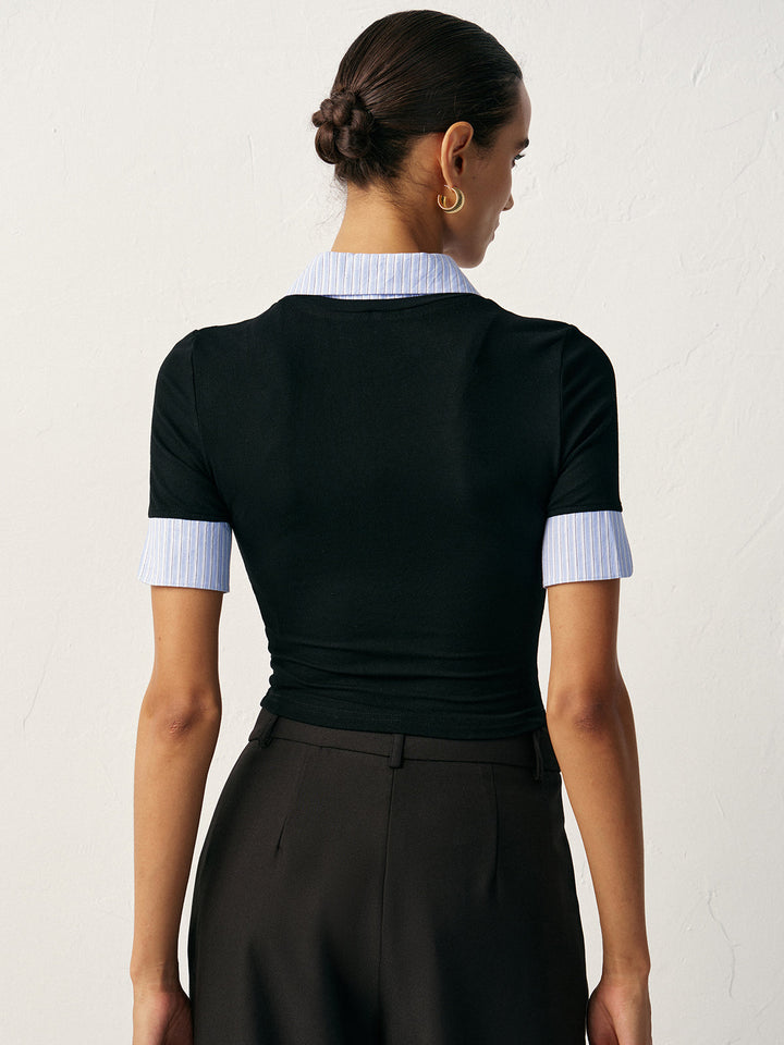 T-shirt ajusté 2 en 1 avec col et poignets contrastés