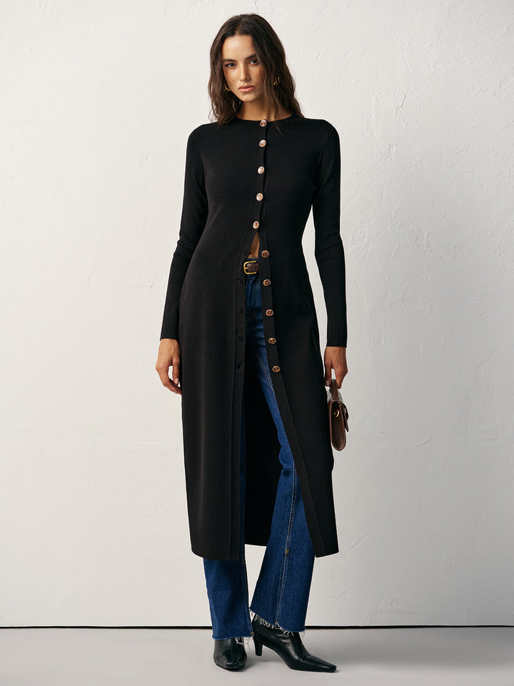 Robe-Manteau Long Tricotée Boutonnée sur le Devant