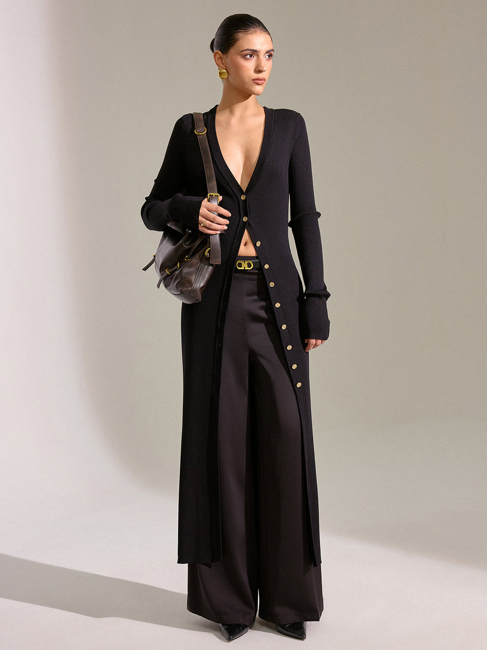 Robe Pull Longue en Maille à Boutons Métalliques