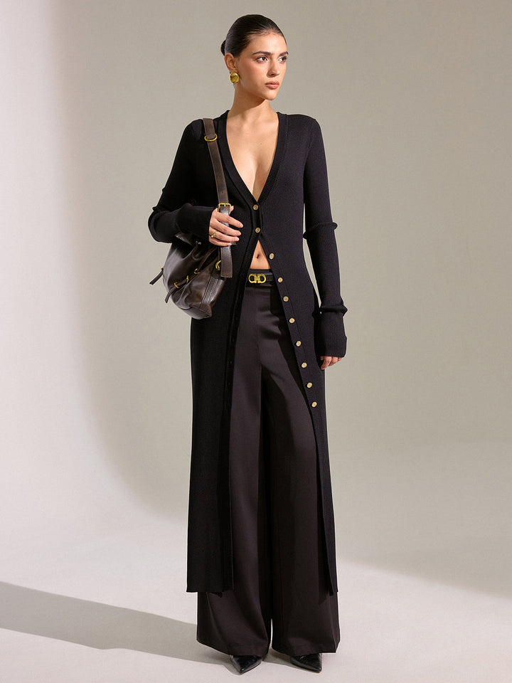 Robe Pull Longue en Maille à Boutons Métalliques