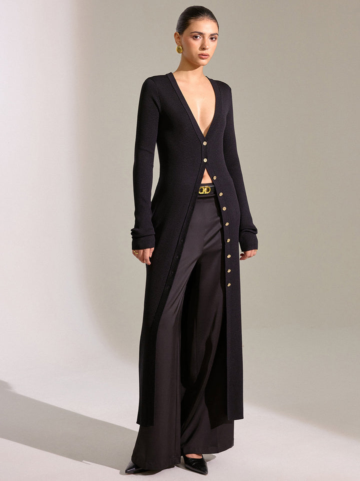 Robe Pull Longue en Maille à Boutons Métalliques