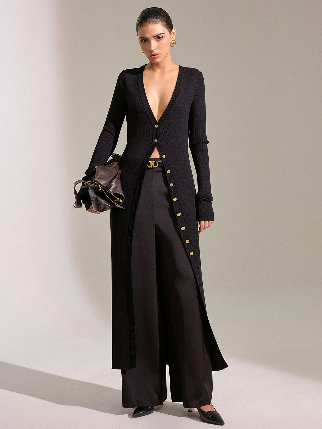 Robe Pull Longue en Maille à Boutons Métalliques