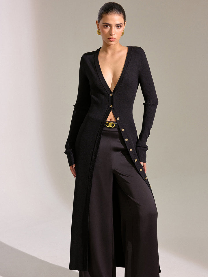 Robe Pull Longue en Maille à Boutons Métalliques