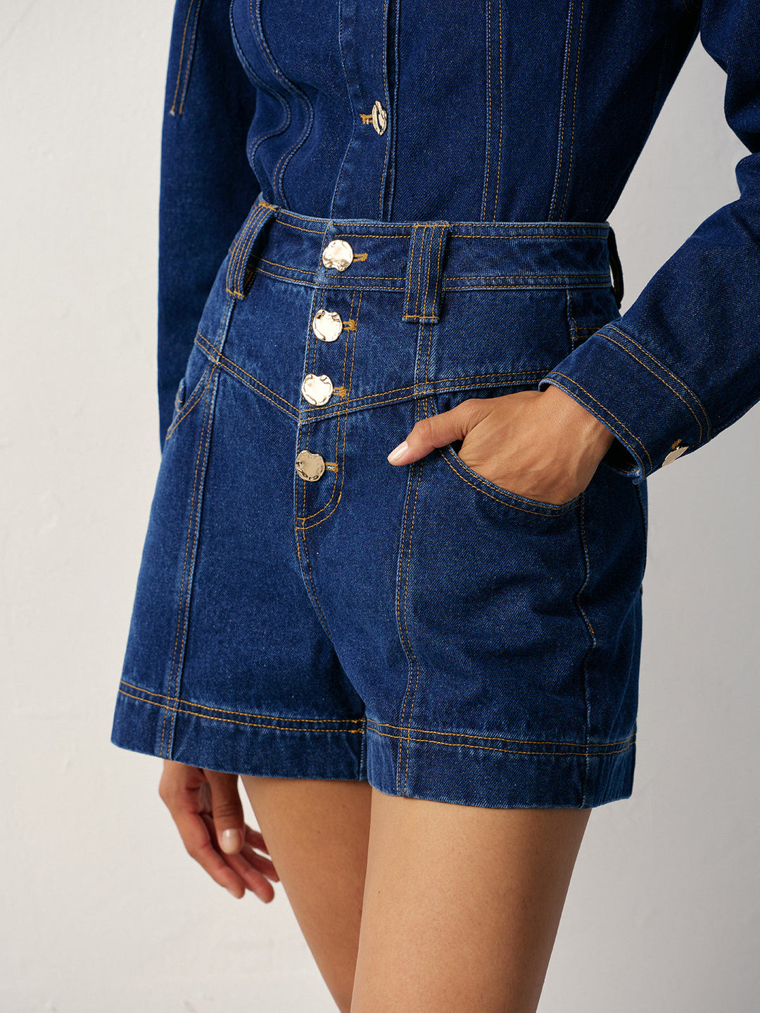 Short en Denim Taille Haute à Boutons