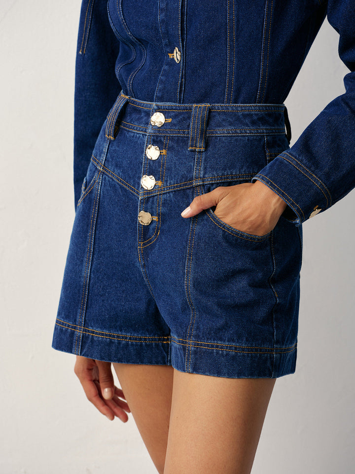 Short en Denim Taille Haute à Boutons