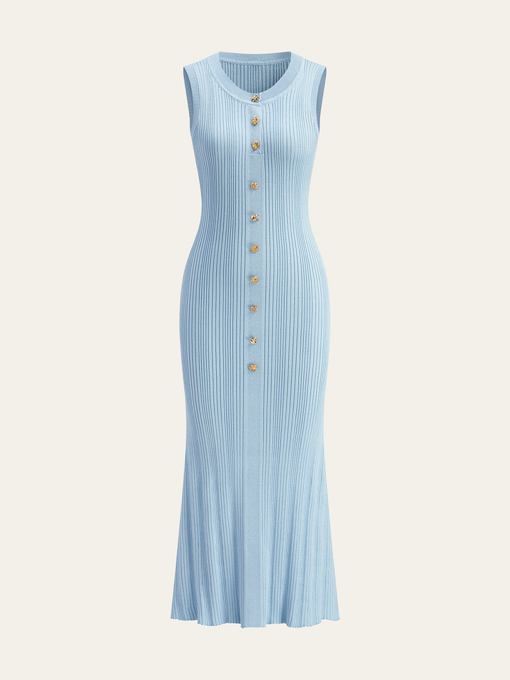 Robe Longue Tricotée Sans Manches Boutonnée sur le Devant