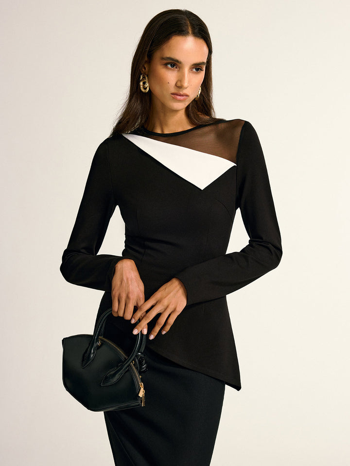 Blouse Asymétrique à Panneaux Contrastants et Col Rond en Mesh