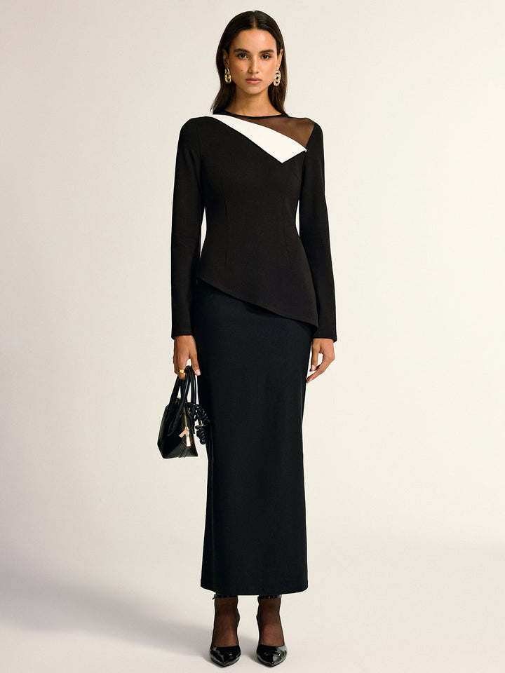 Blouse Asymétrique à Panneaux Contrastants et Col Rond en Mesh