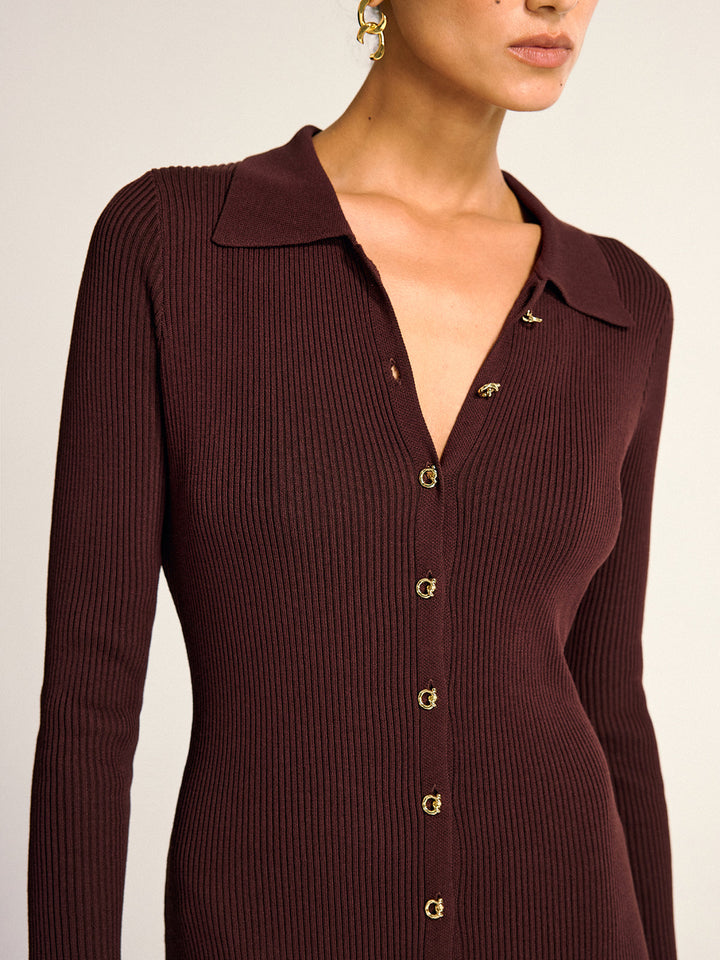 Robe Longue En Maille Côtelée à Col Boutonné