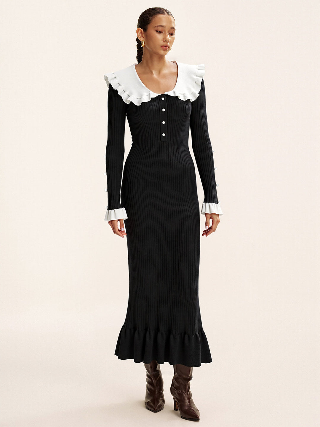 Robe Mi-longue en Maille à Col Volant Contrastant