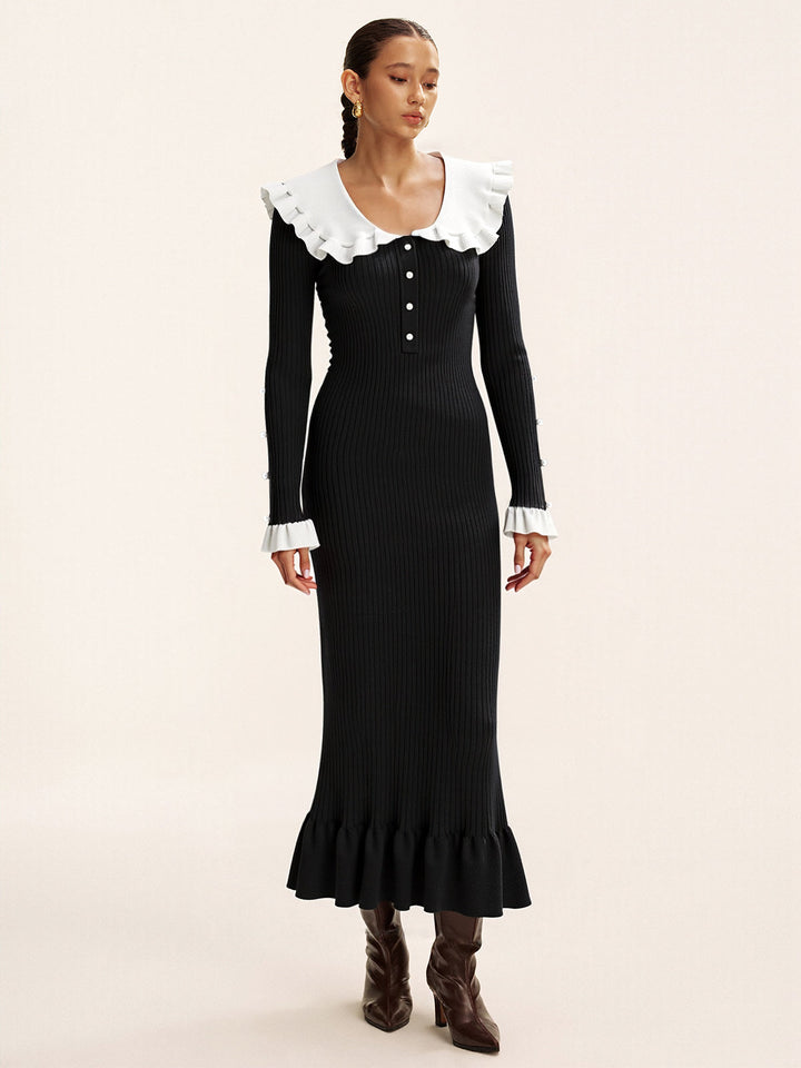 Robe Mi-longue en Maille à Col Volant Contrastant
