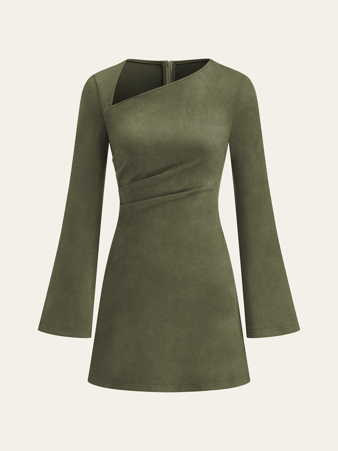 Robe Mini En Daim Asymétrique Manches Longues Ruchée
