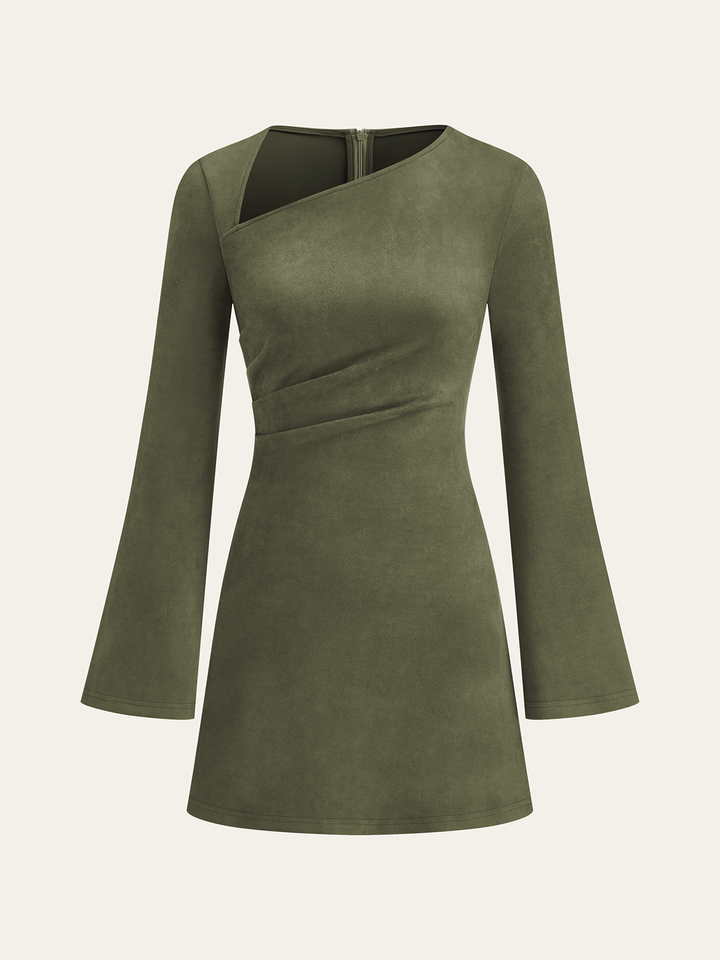 Robe Mini En Daim Asymétrique Manches Longues Ruchée