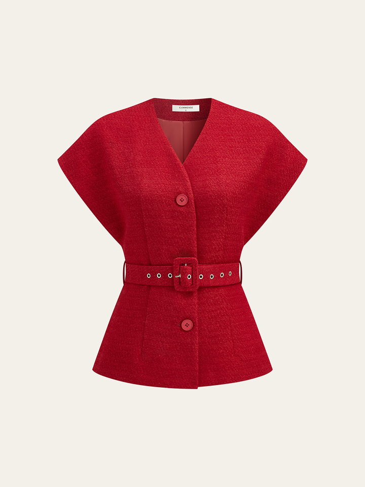 Gilet Ceinturé à Manches Courtes en Tweed