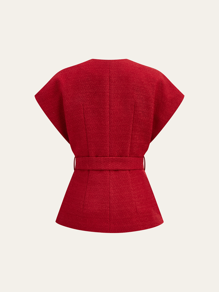 Gilet Ceinturé à Manches Courtes en Tweed