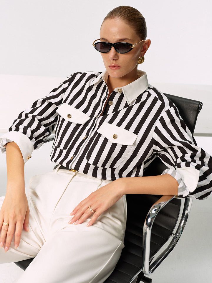 Chemise rayée en mélange de coton avec boutons en métal