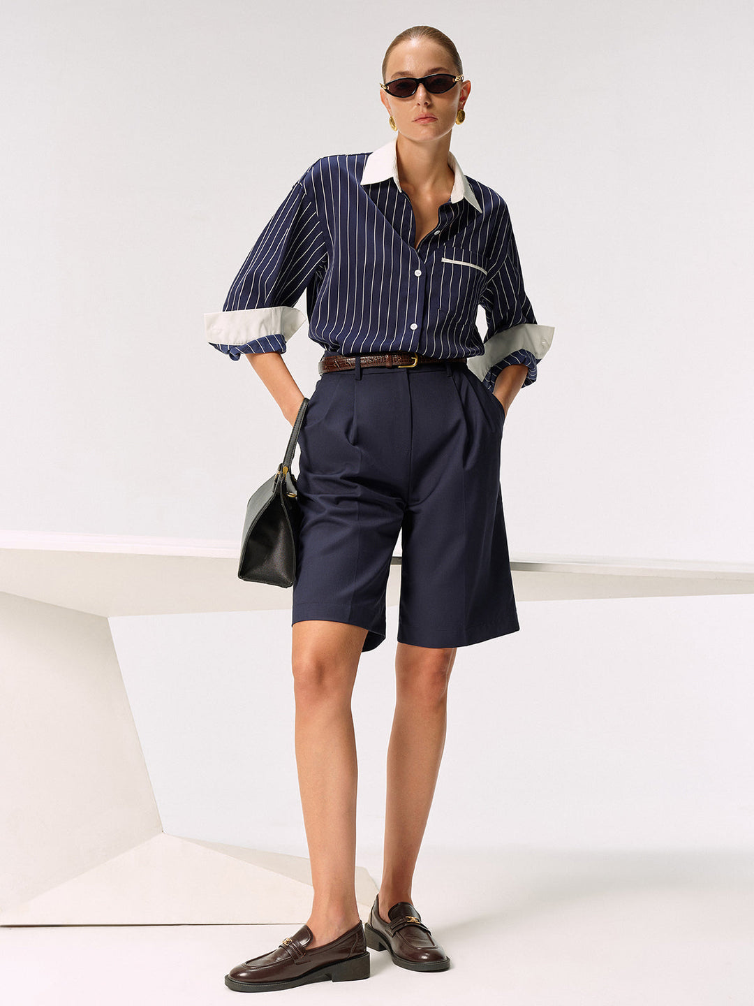 Chemise rayée à col et poignets contrastés