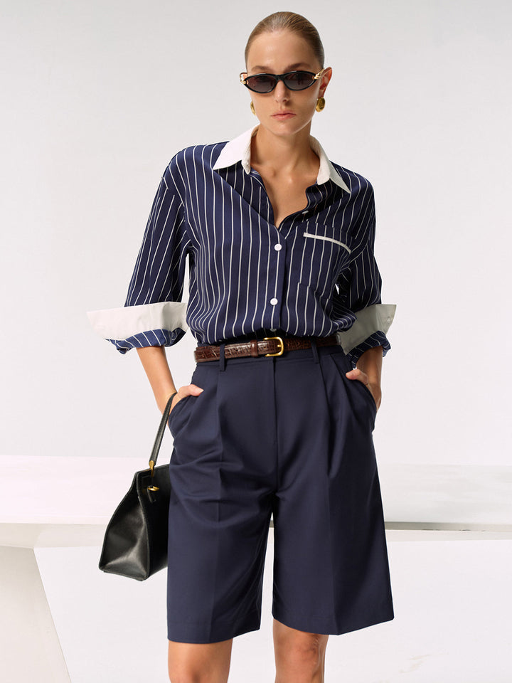 Chemise rayée à col et poignets contrastés