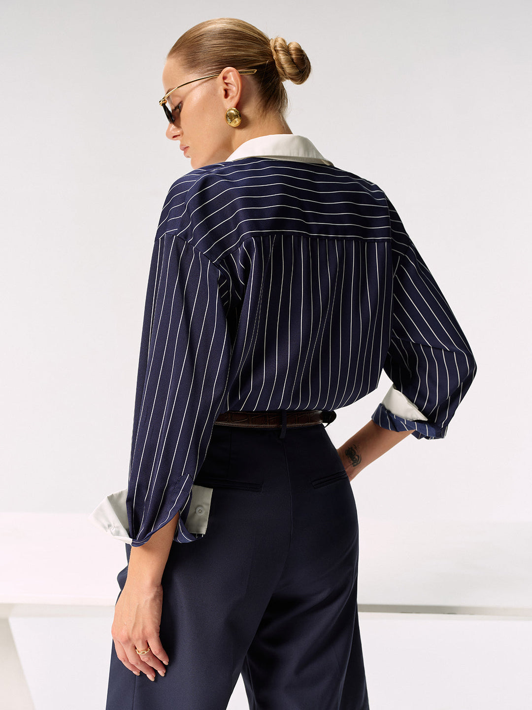 Chemise rayée à col et poignets contrastés