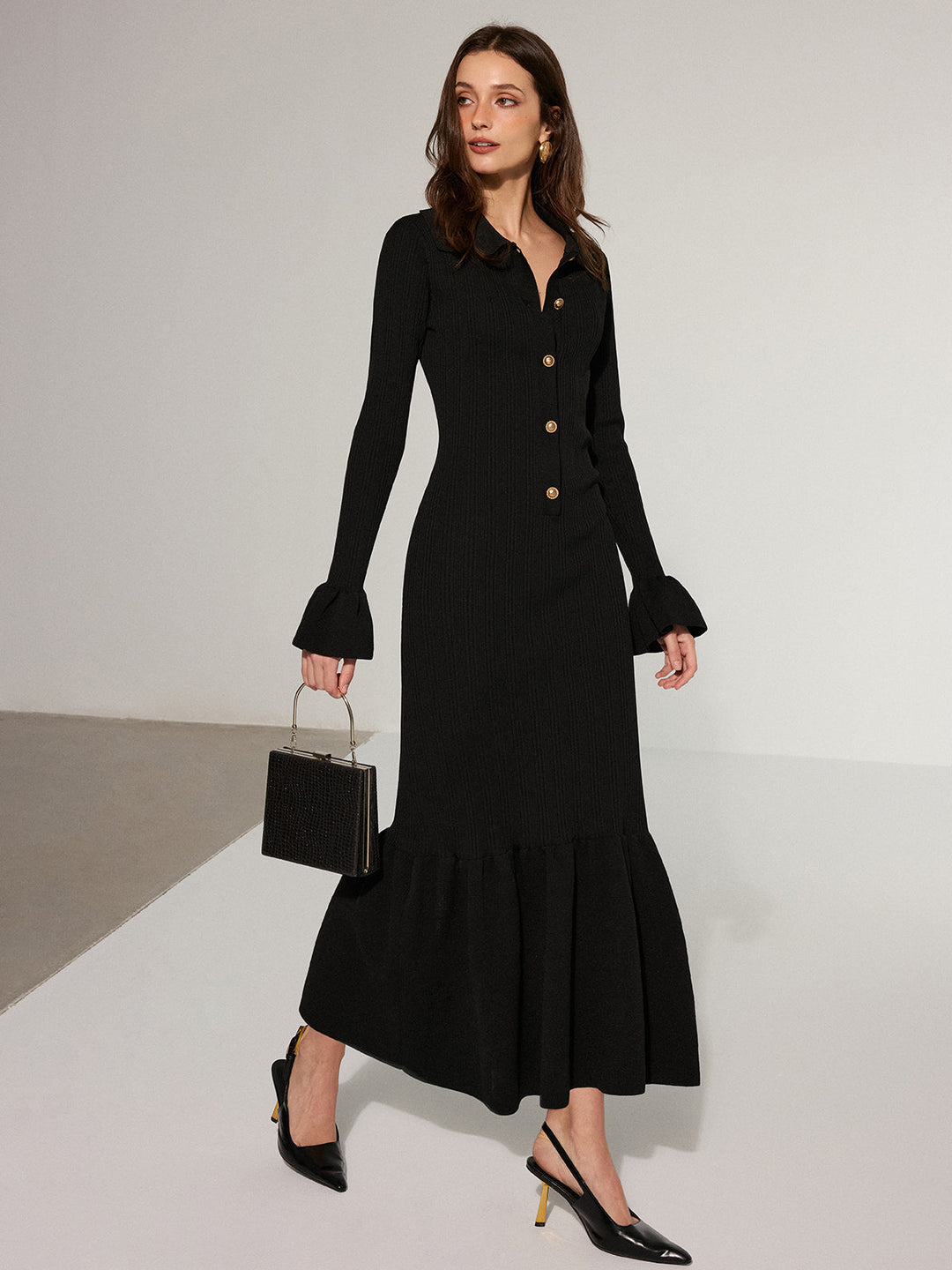 Robe Longue Col Ras du Cou en Tricot à Ourlet Sirène