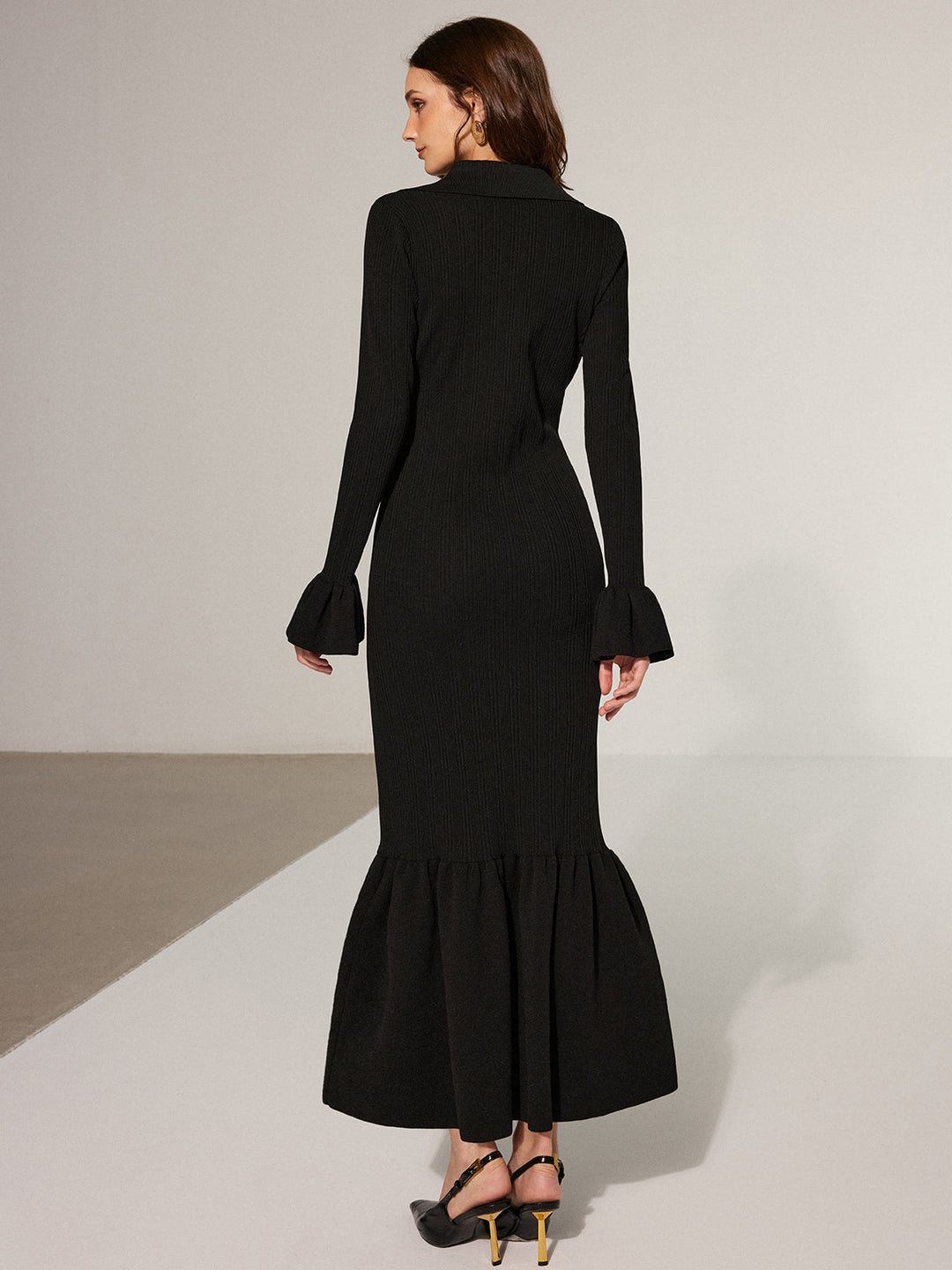 Robe Longue Col Ras du Cou en Tricot à Ourlet Sirène