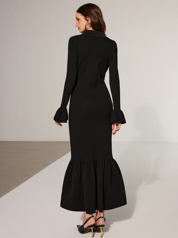 Robe Longue Col Ras du Cou en Tricot à Ourlet Sirène