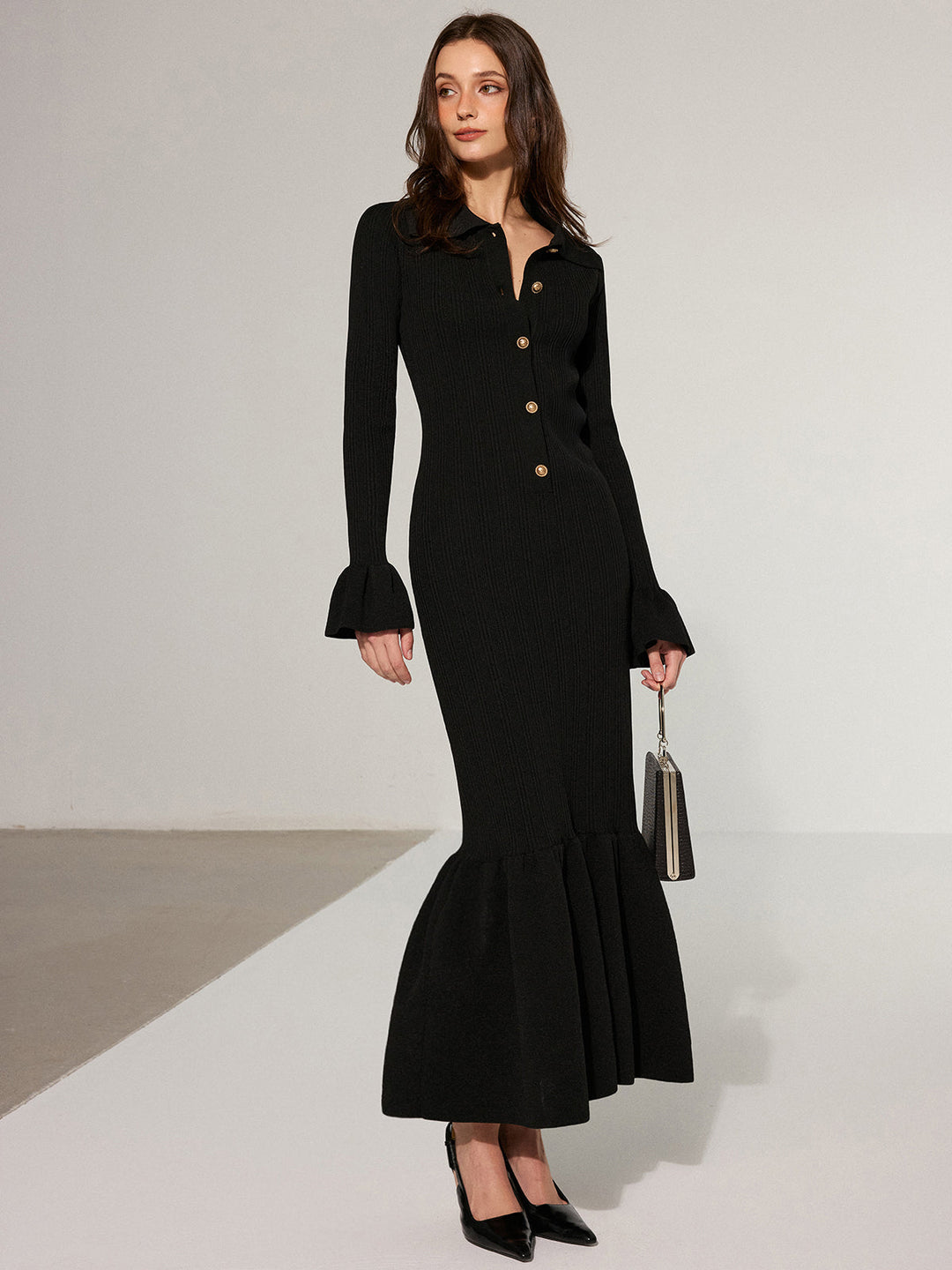 Robe Longue Col Ras du Cou en Tricot à Ourlet Sirène