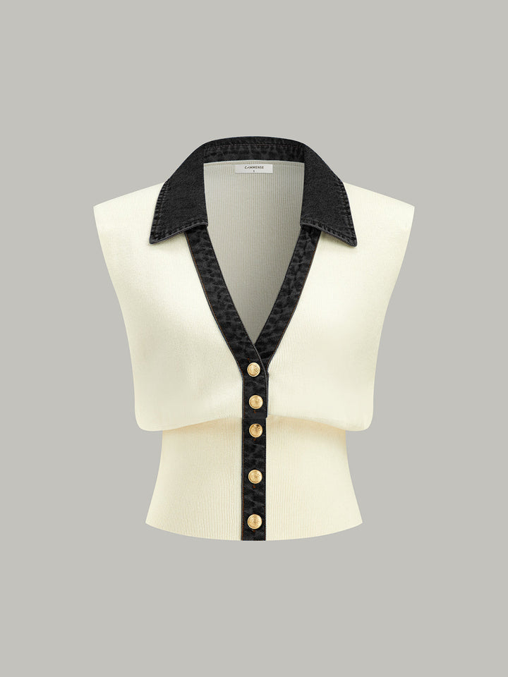 Gilet en tricot à boutons métalliques et bordure en jean