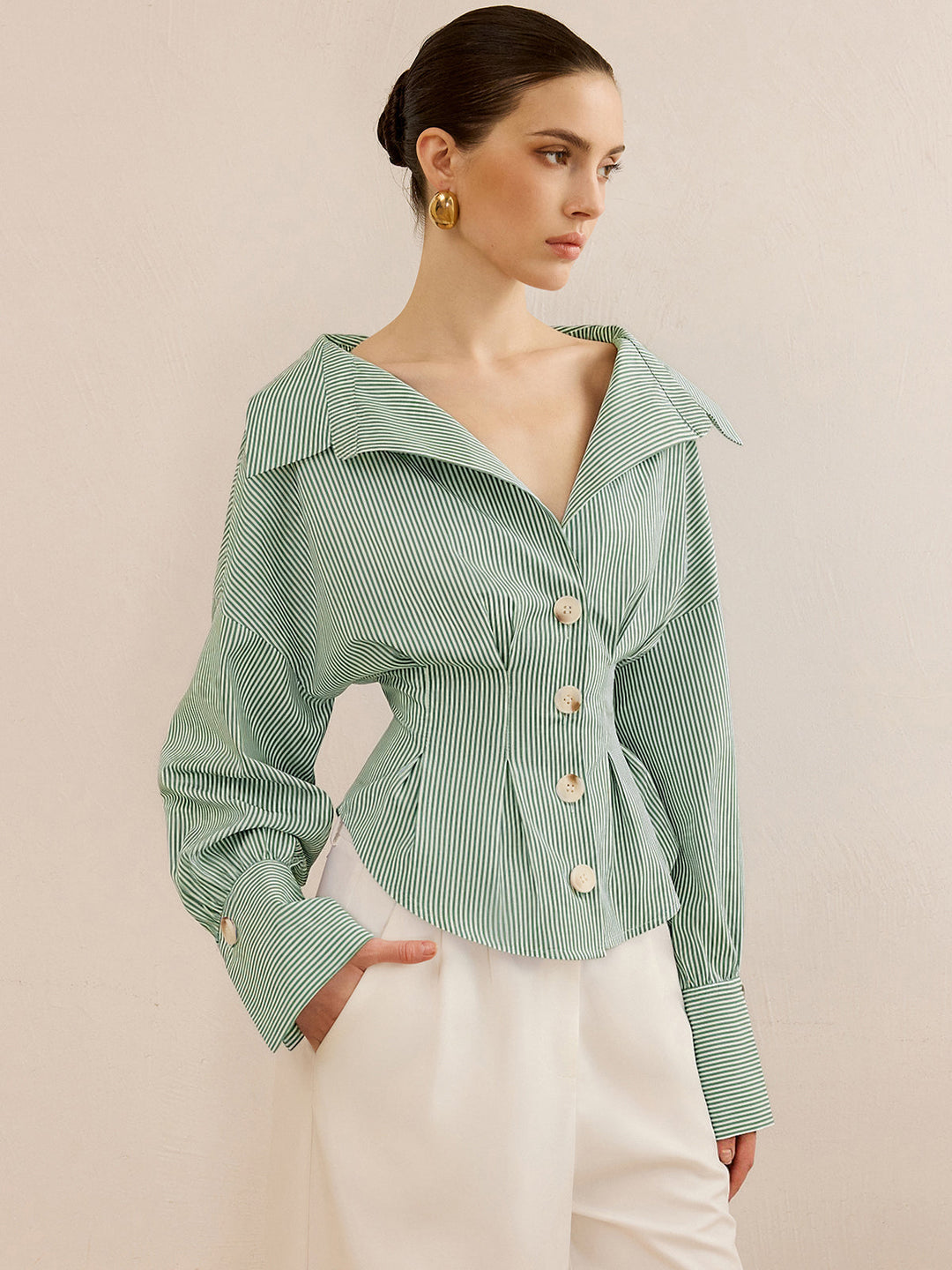 Chemise à Col Rayé avec Design à Serrage à la Taille