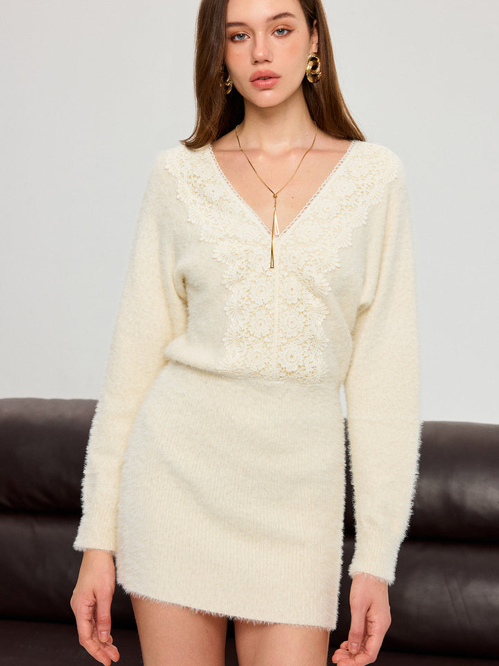 Lace Detail V-Neck Fuzzy Knit Mini Dress