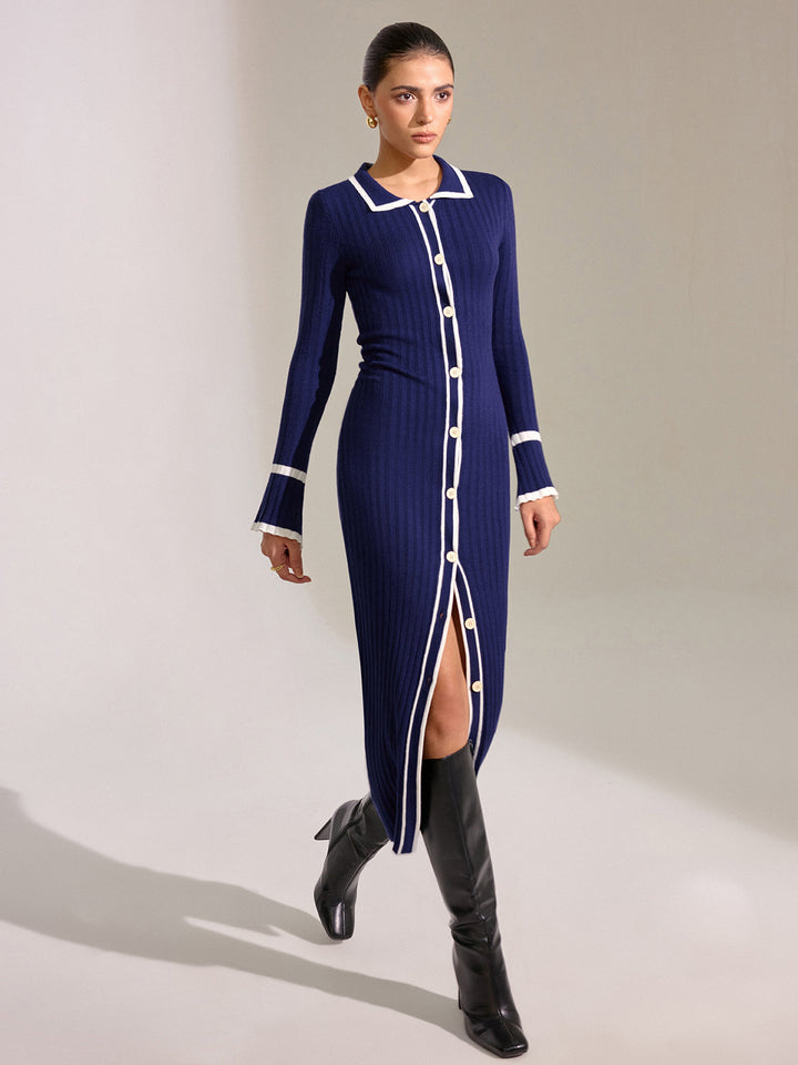 Robe mi-longue ajustée à boutons et garniture contrastante