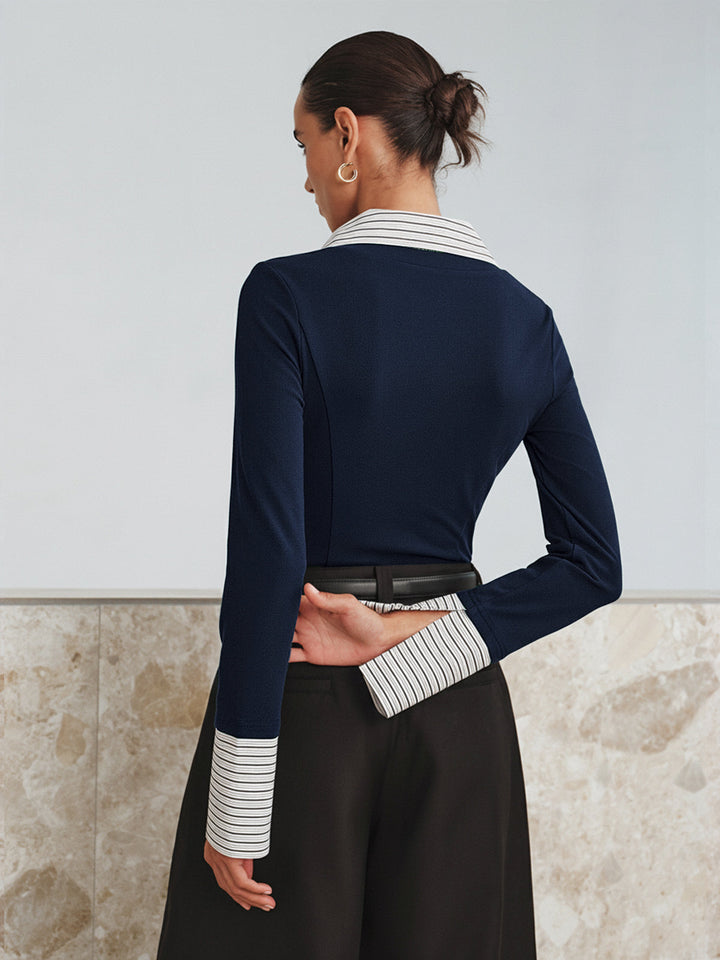 Mock Haut Polo Bicolore Manches Longues Deux Pièces