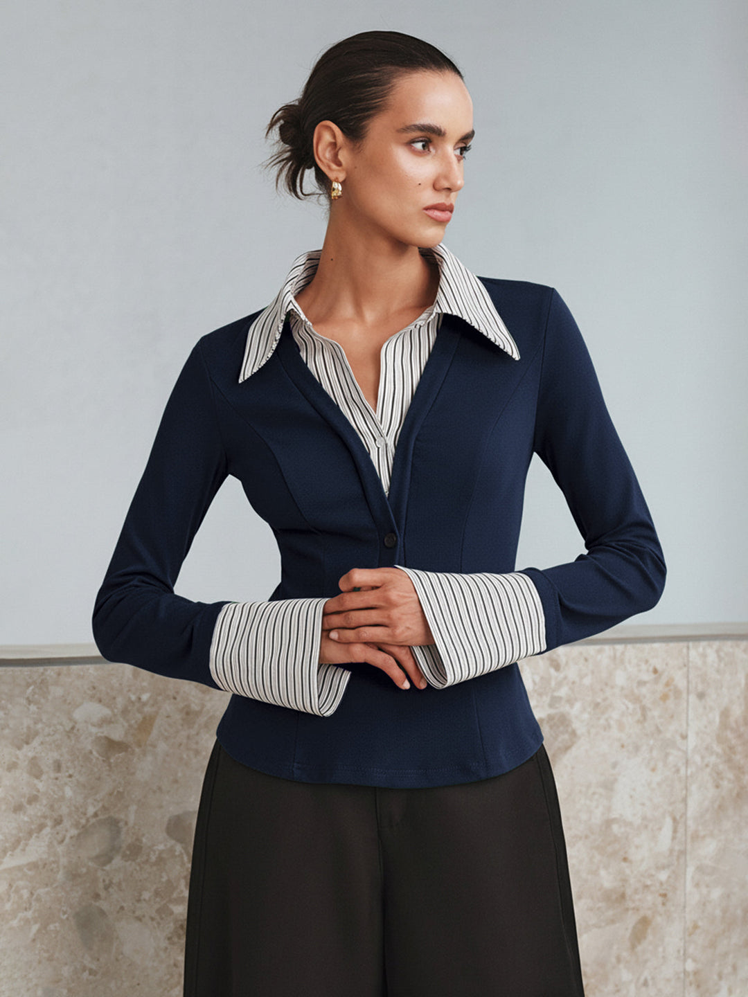 Mock Haut Polo Bicolore Manches Longues Deux Pièces