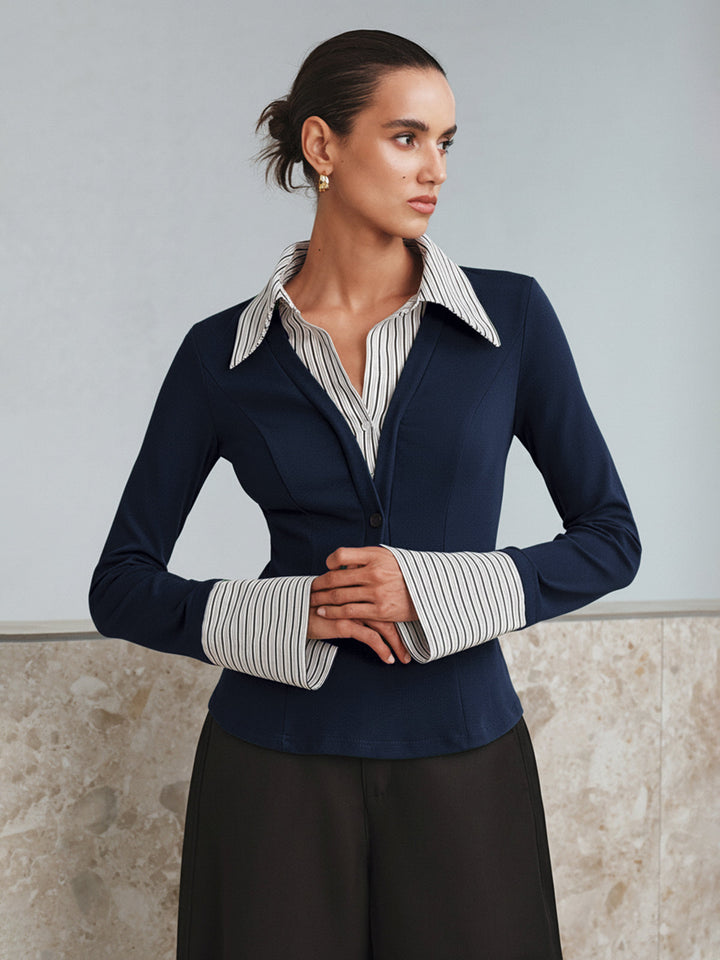 Mock Haut Polo Bicolore Manches Longues Deux Pièces