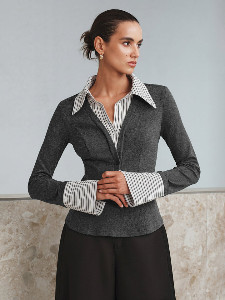 Mock Haut Polo Bicolore Manches Longues Deux Pièces