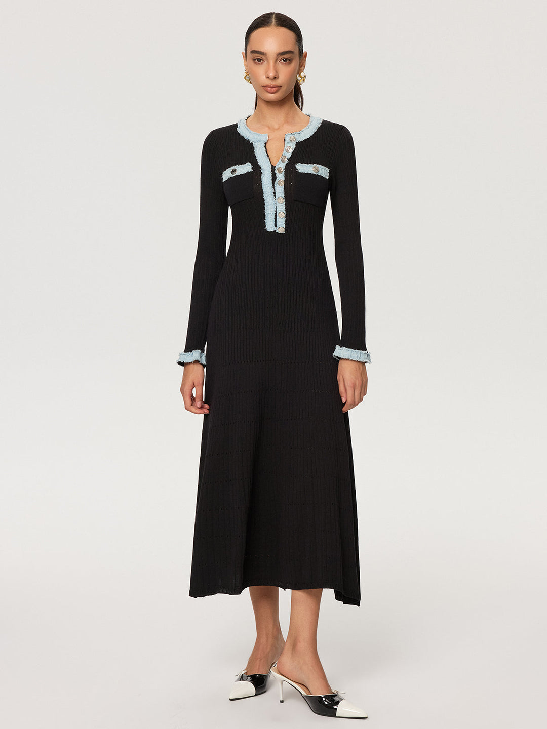 Robe Longue Tricotée à Panneaux Denim