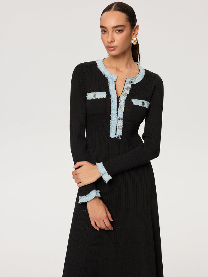 Robe Longue Tricotée à Panneaux Denim