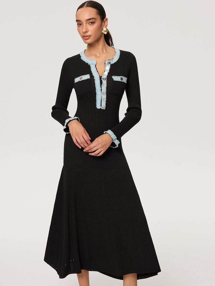 Robe Longue Tricotée à Panneaux Denim
