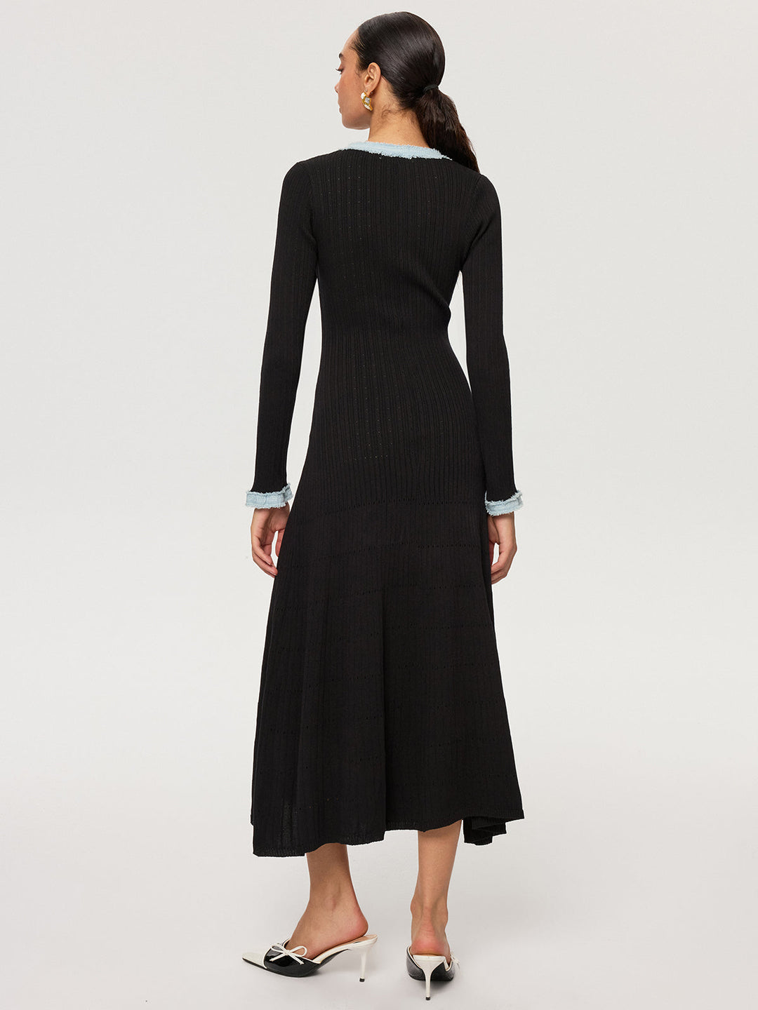 Robe Longue Tricotée à Panneaux Denim