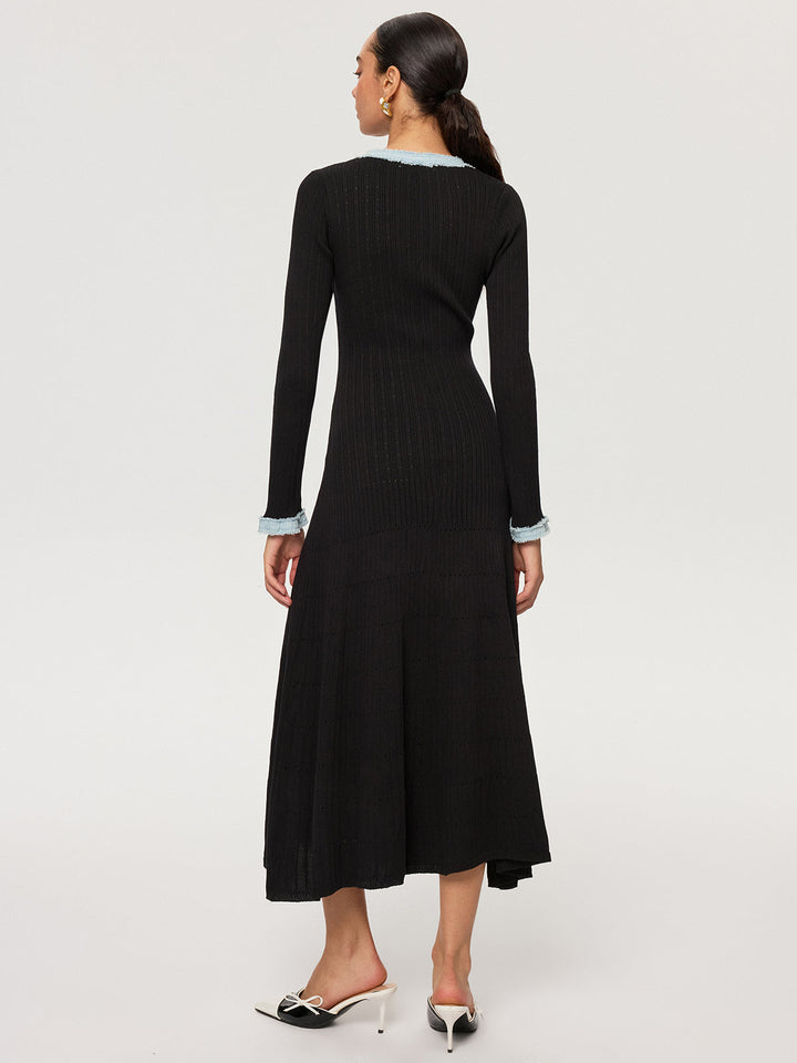 Robe Longue Tricotée à Panneaux Denim