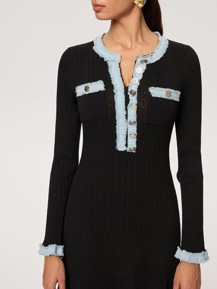 Robe Longue Tricotée à Panneaux Denim