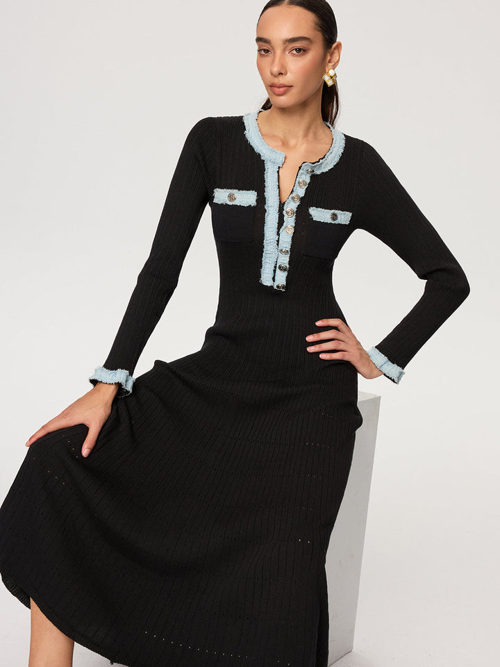 Robe Longue Tricotée à Panneaux Denim